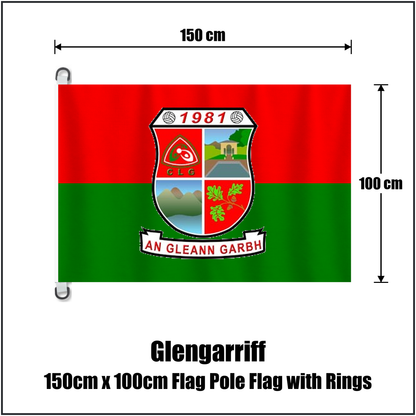 Glengarriff 150cm x 100cm Flag Pole Flag with Rings, featuring the club crest and red and green colours; County Cork GAA. ClubFlags.ie.