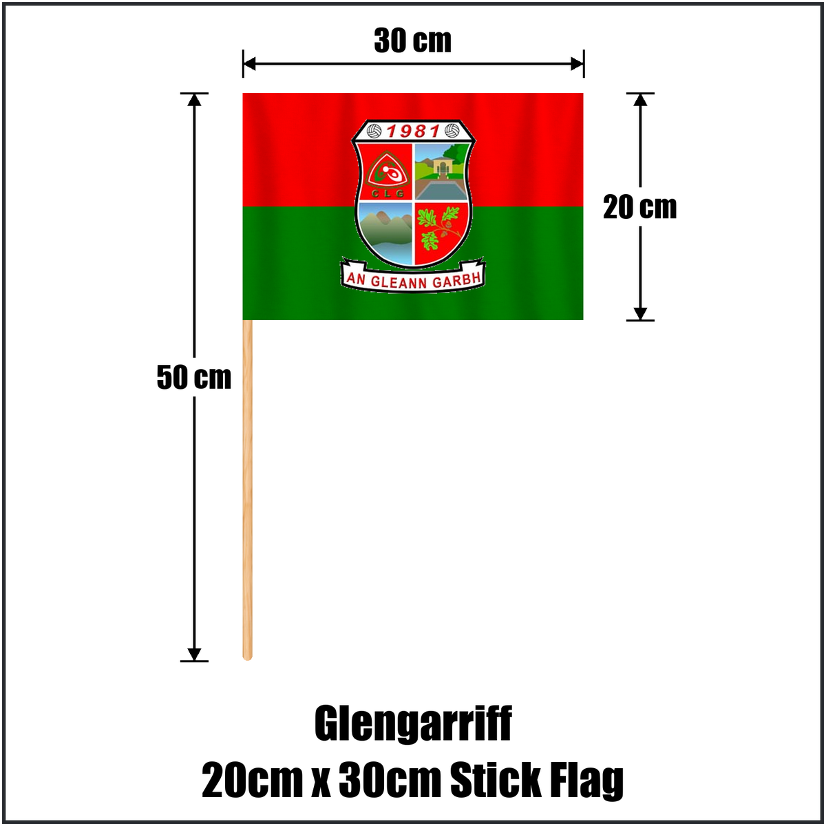 Glengarriff 20cm x 30cm Stick Flag, featuring the club crest and red and green colours; County Cork GAA. ClubFlags.ie.