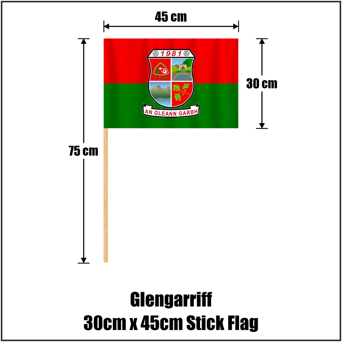 Glengarriff 30cm x 45cm Stick Flag, featuring the club crest and red and green colours; County Cork GAA. ClubFlags.ie.