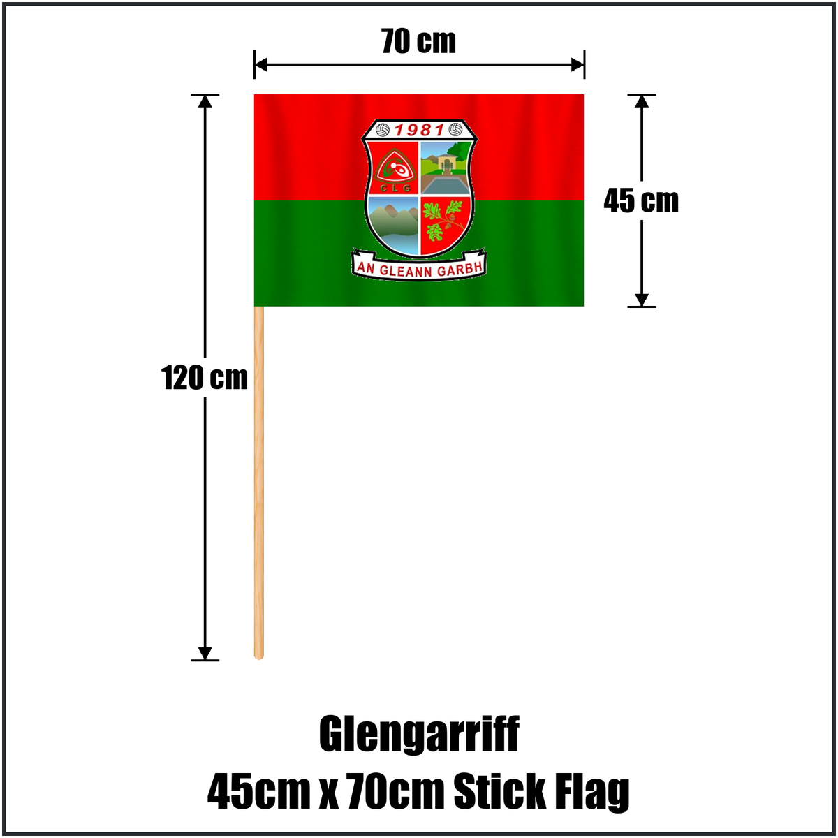 Glengarriff 45cm x 70cm Stick Flag, featuring the club crest and red and green colours; County Cork GAA. ClubFlags.ie.