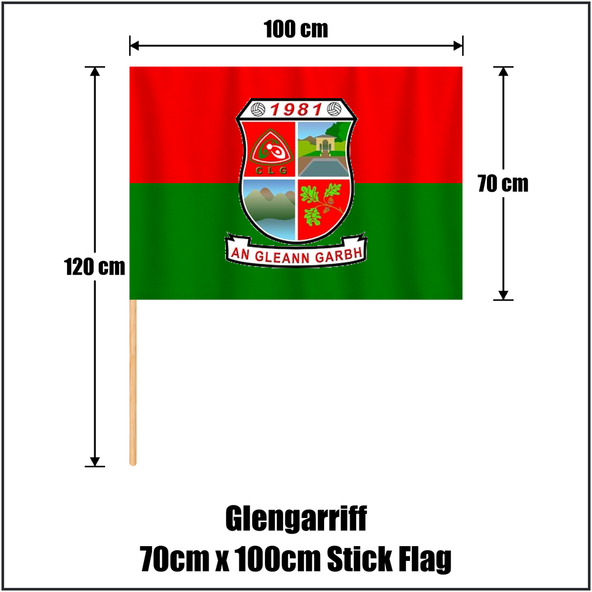 Glengarriff 70cm x 100cm Stick Flag, featuring the club crest and red and green colours; County Cork GAA. ClubFlags.ie.