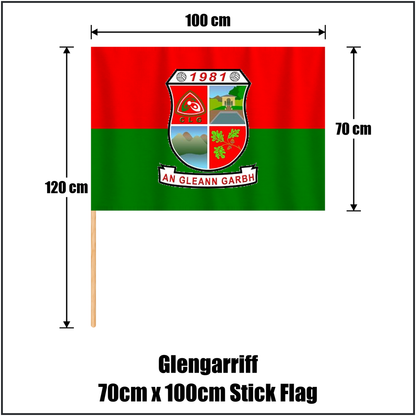 Glengarriff 70cm x 100cm Stick Flag, featuring the club crest and red and green colours; County Cork GAA. ClubFlags.ie.