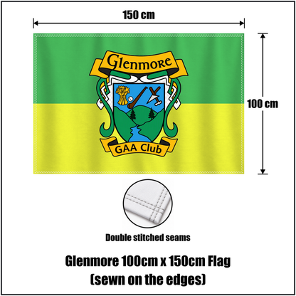 Glenmore 100cm x 150cm Flag (sewn on the edges), featuring the club crest and green and gold colours; County Kilkenny GAA. ClubFlags.ie.