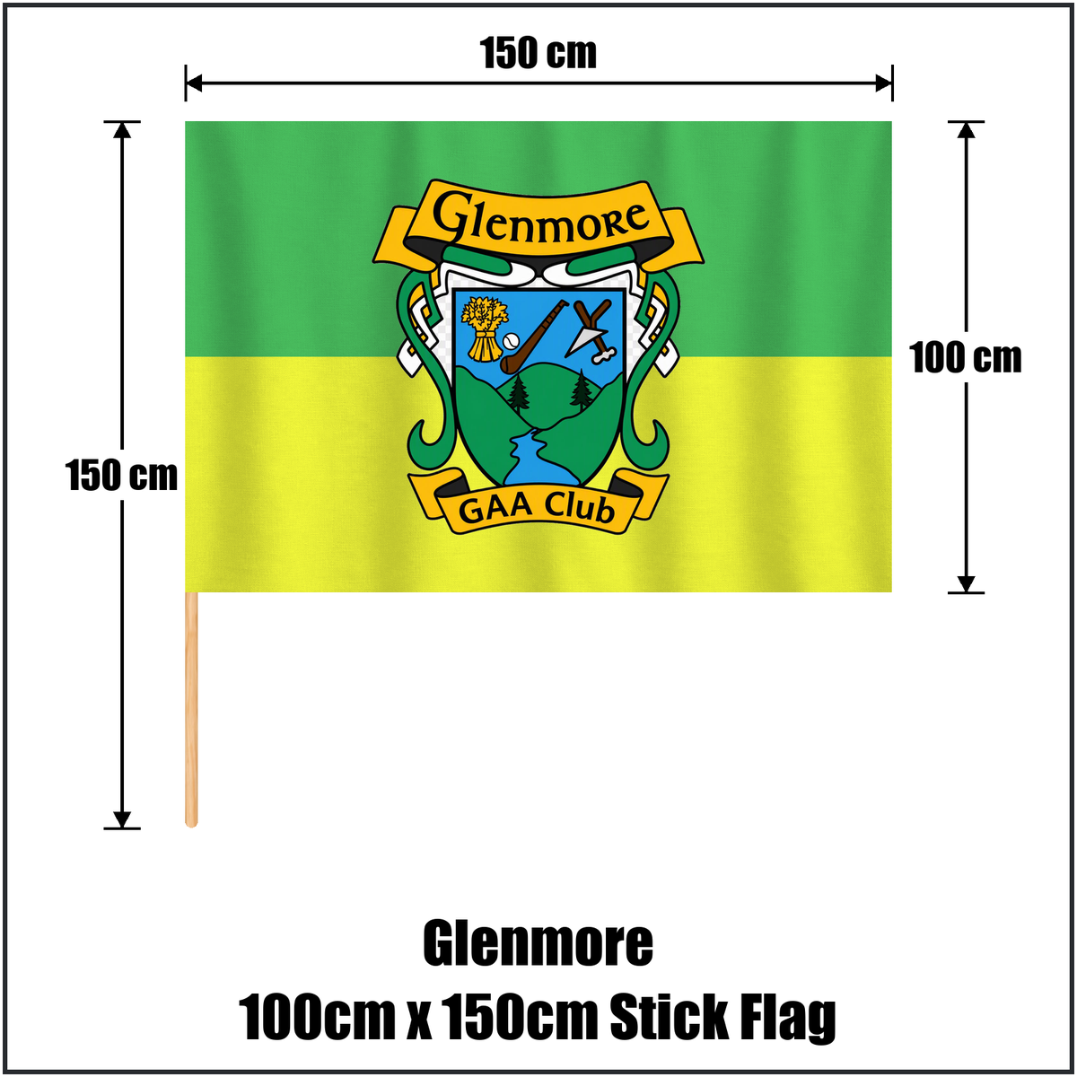 Glenmore 100cm x 150cm Stick Flag, featuring the club crest and green and gold colours; County Kilkenny GAA. ClubFlags.ie.