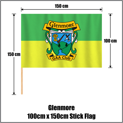 Glenmore 100cm x 150cm Stick Flag, featuring the club crest and green and gold colours; County Kilkenny GAA. ClubFlags.ie.