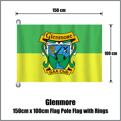 Glenmore 150cm x 100cm Flag Pole Flag with Rings, featuring the club crest and green and gold colours; County Kilkenny GAA. ClubFlags.ie.