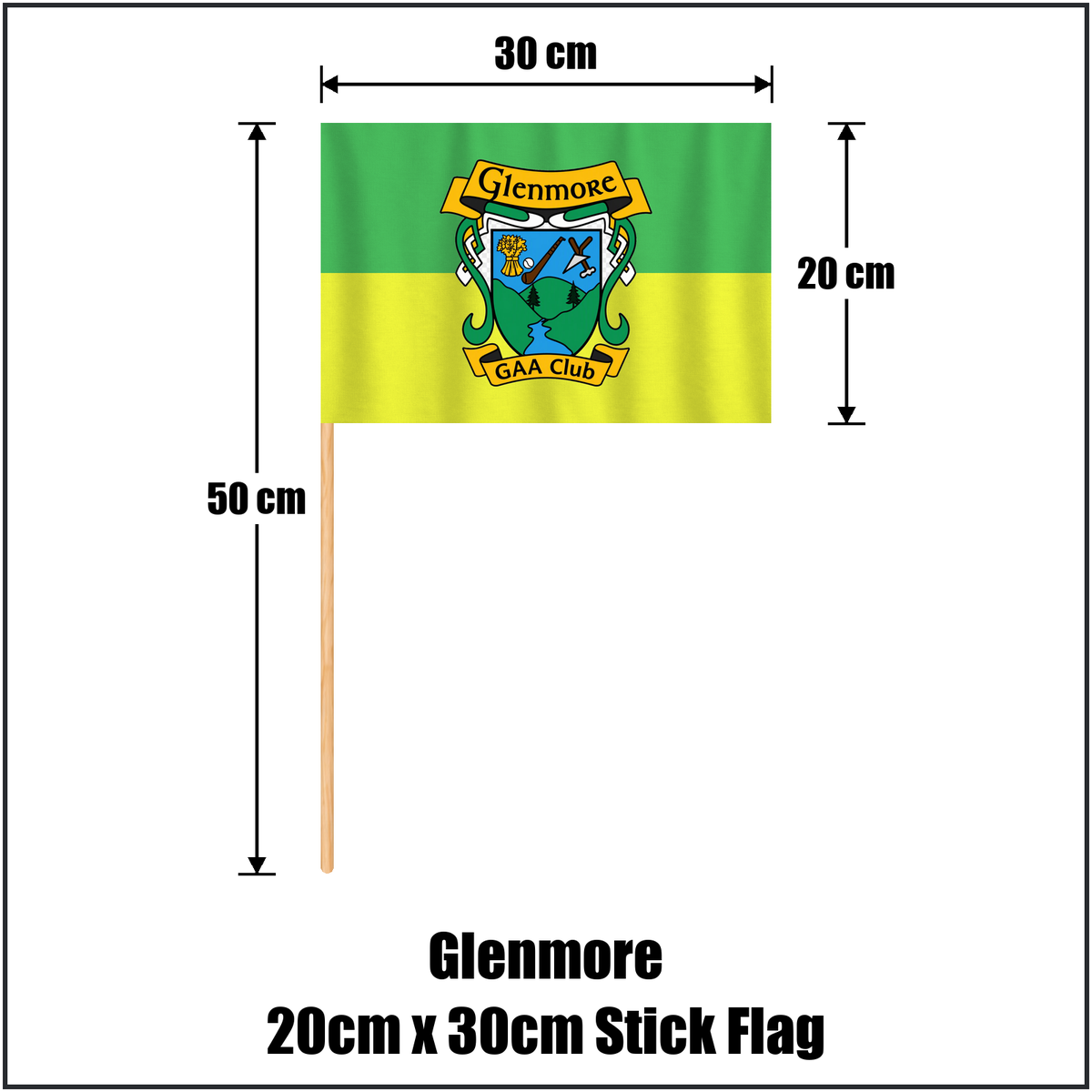 Glenmore 20cm x 30cm Stick Flag, featuring the club crest and green and gold colours; County Kilkenny GAA. ClubFlags.ie.