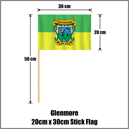 Glenmore 20cm x 30cm Stick Flag, featuring the club crest and green and gold colours; County Kilkenny GAA. ClubFlags.ie.