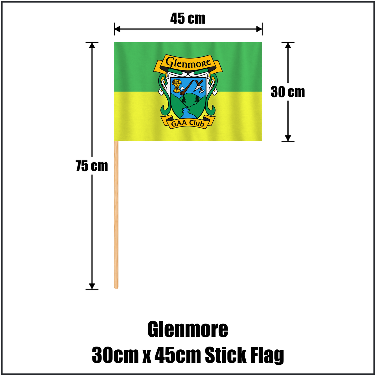 Glenmore 30cm x 45cm Stick Flag, featuring the club crest and green and gold colours; County Kilkenny GAA. ClubFlags.ie.