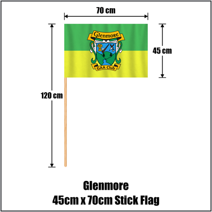 Glenmore 45cm x 70cm Stick Flag, featuring the club crest and green and gold colours; County Kilkenny GAA. ClubFlags.ie.