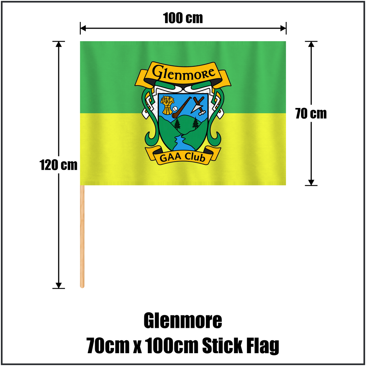 Glenmore 70cm x 100cm Stick Flag, featuring the club crest and green and gold colours; County Kilkenny GAA. ClubFlags.ie.