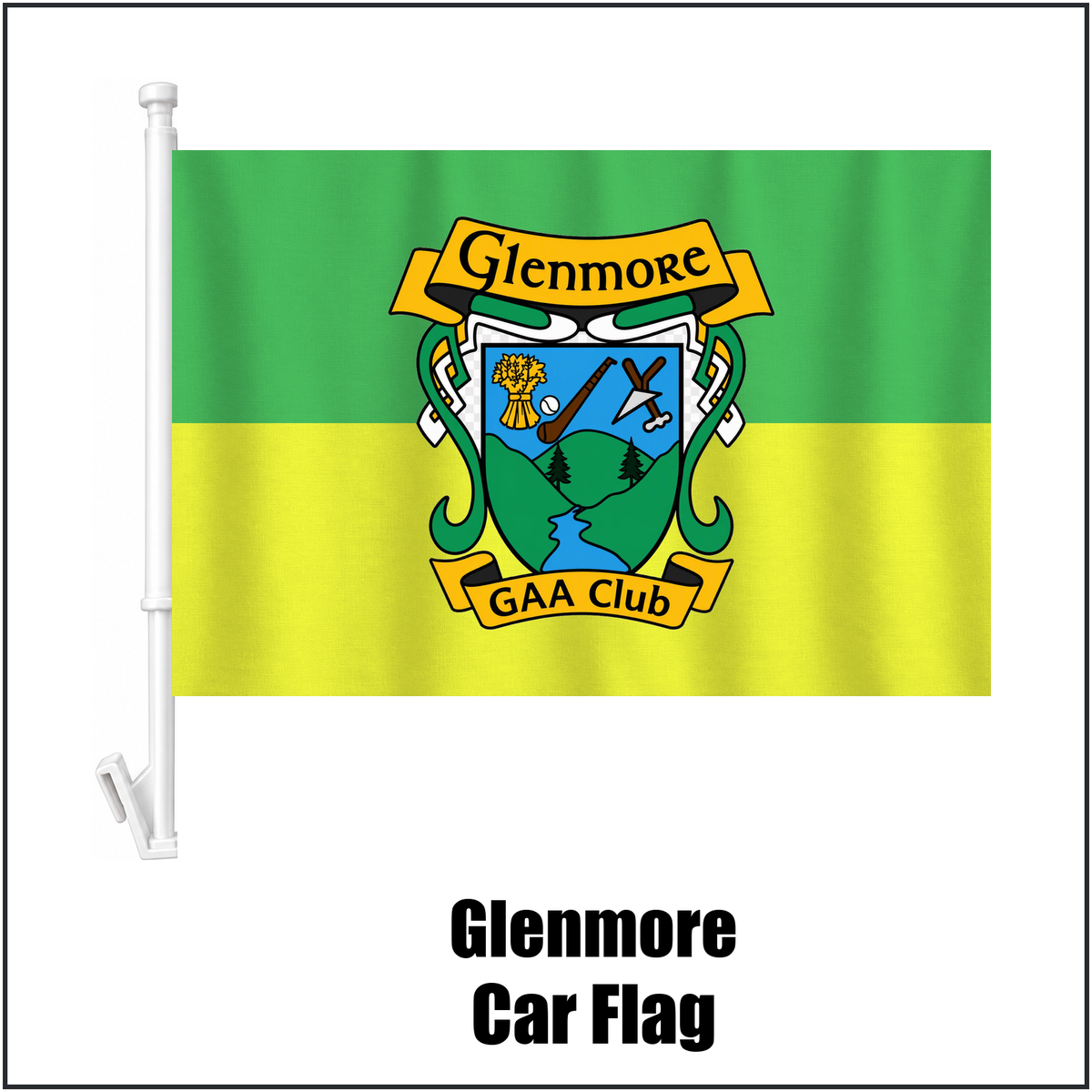 Glenmore Car Flag, featuring the club crest and green and gold colours; County Kilkenny GAA. ClubFlags.ie.