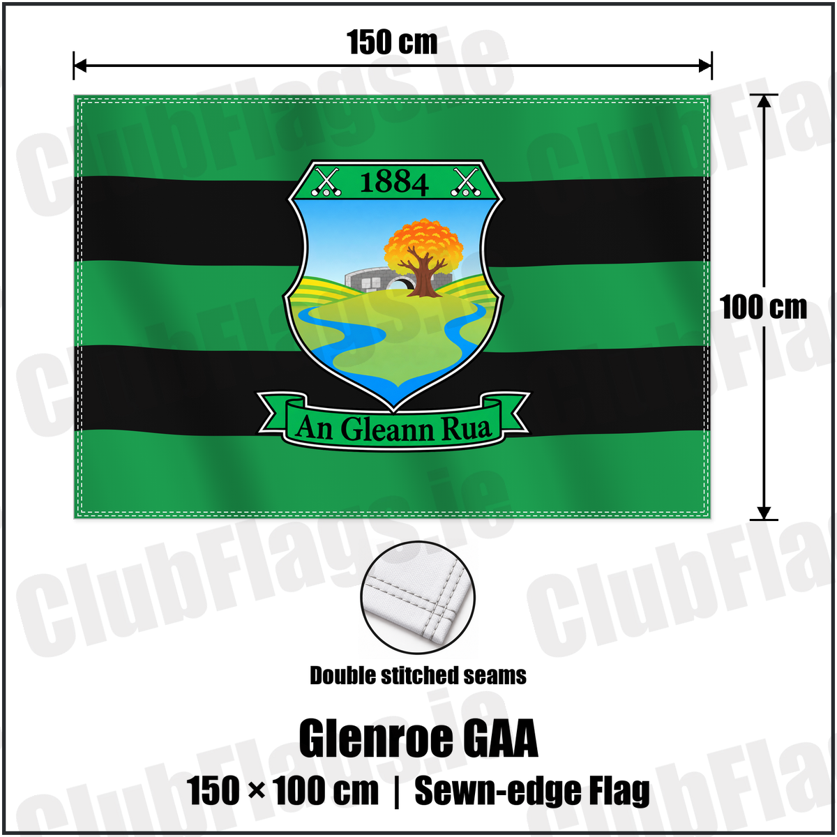 Glenroe GAA 100cm x 150cm Flag (sewn on the edges) with the club crest and colours, Limerick GAA - ClubFlags.ie