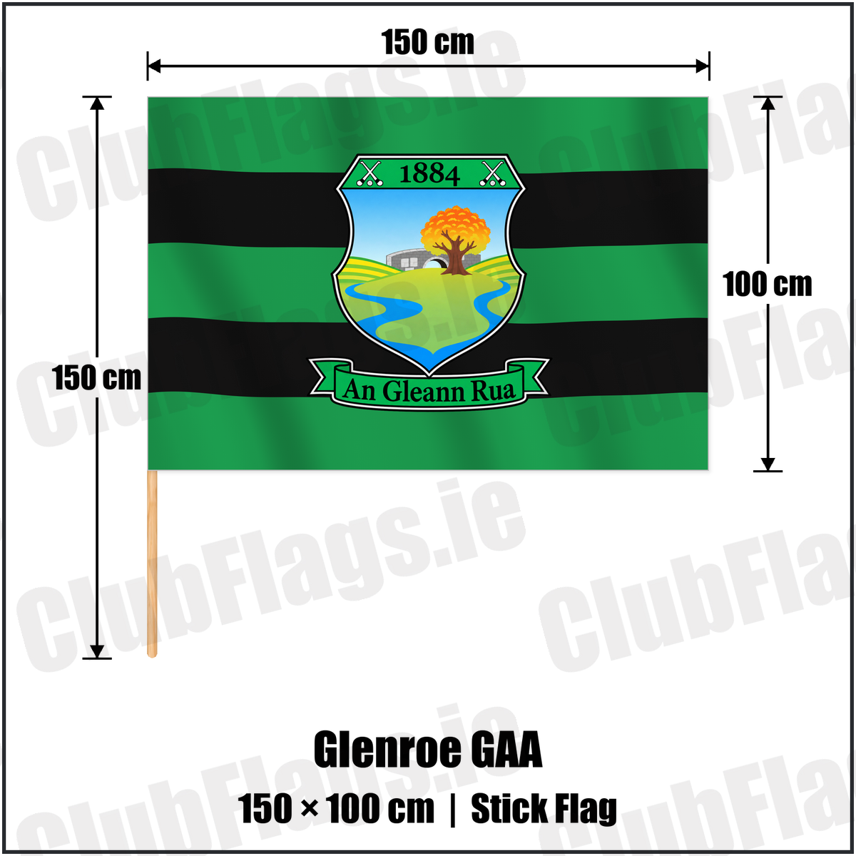 Glenroe GAA 100cm x 150cm Stick Flag with the club crest and colours, Limerick GAA - ClubFlags.ie