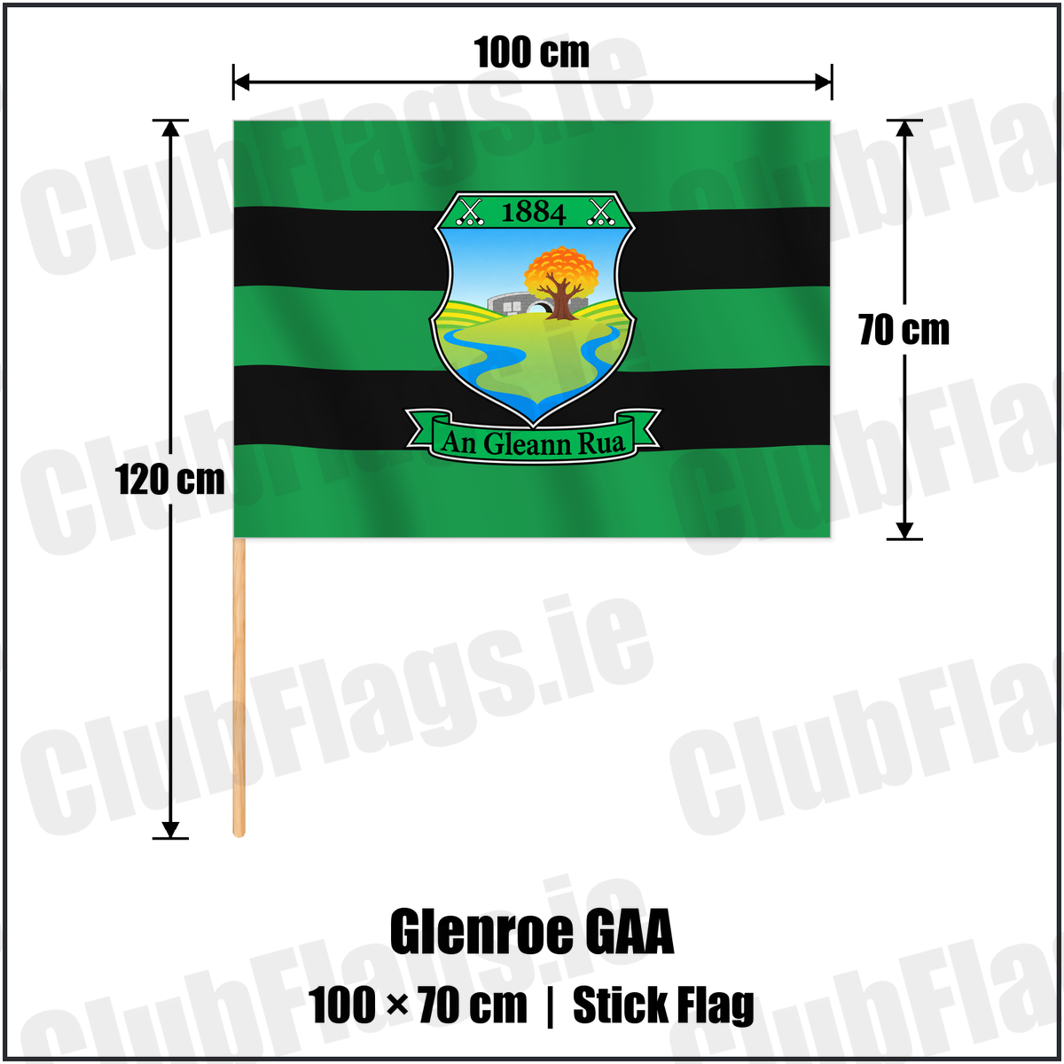 Glenroe GAA 70cm x 100cm Stick Flag with the club crest and colours, Limerick GAA - ClubFlags.ie