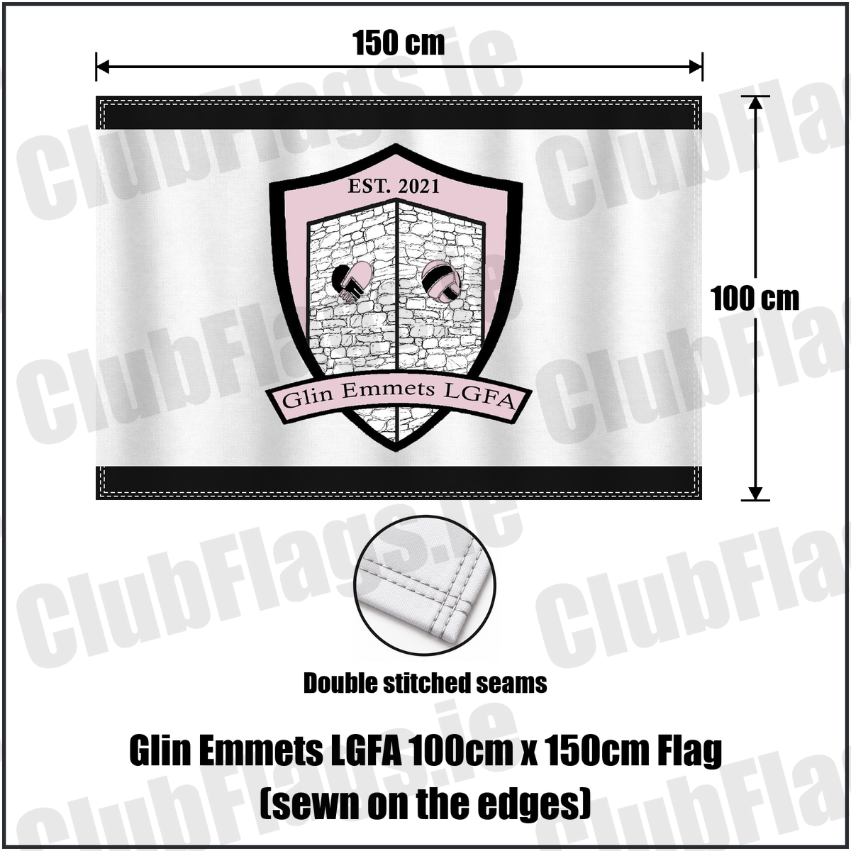 Glin Emmets LGFA 100cm x 150cm Flag (sewn on the edges), featuring the club crest and black and white colours; County Limerick ladies Gaelic football. ClubFlags.ie.