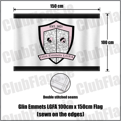Glin Emmets LGFA 100cm x 150cm Flag (sewn on the edges), featuring the club crest and black and white colours; County Limerick ladies Gaelic football. ClubFlags.ie.