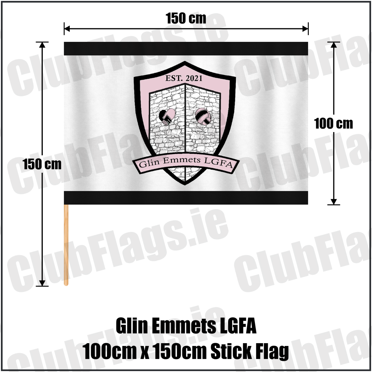 Glin Emmets LGFA 100cm x 150cm Stick Flag, featuring the club crest and black and white colours; County Limerick ladies Gaelic football. ClubFlags.ie.