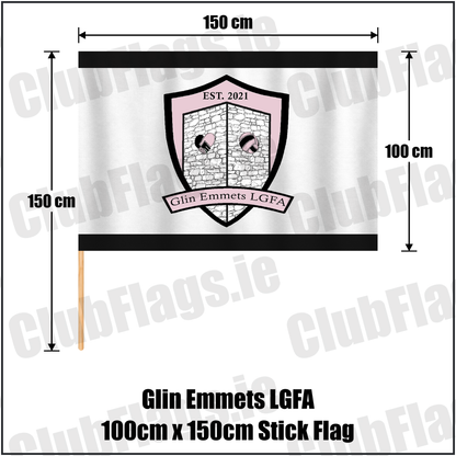 Glin Emmets LGFA 100cm x 150cm Stick Flag, featuring the club crest and black and white colours; County Limerick ladies Gaelic football. ClubFlags.ie.