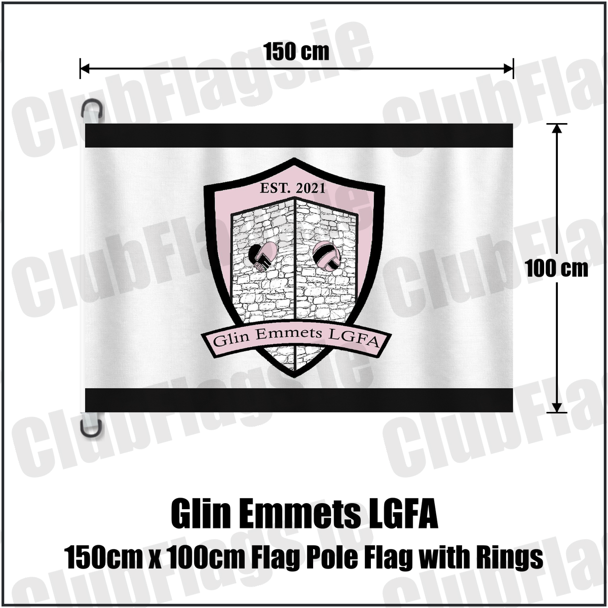 Glin Emmets LGFA 150cm x 100cm Flag Pole Flag with Rings, featuring the club crest and black and white colours; County Limerick ladies Gaelic football. ClubFlags.ie.