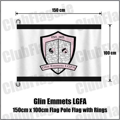 Glin Emmets LGFA 150cm x 100cm Flag Pole Flag with Rings, featuring the club crest and black and white colours; County Limerick ladies Gaelic football. ClubFlags.ie.