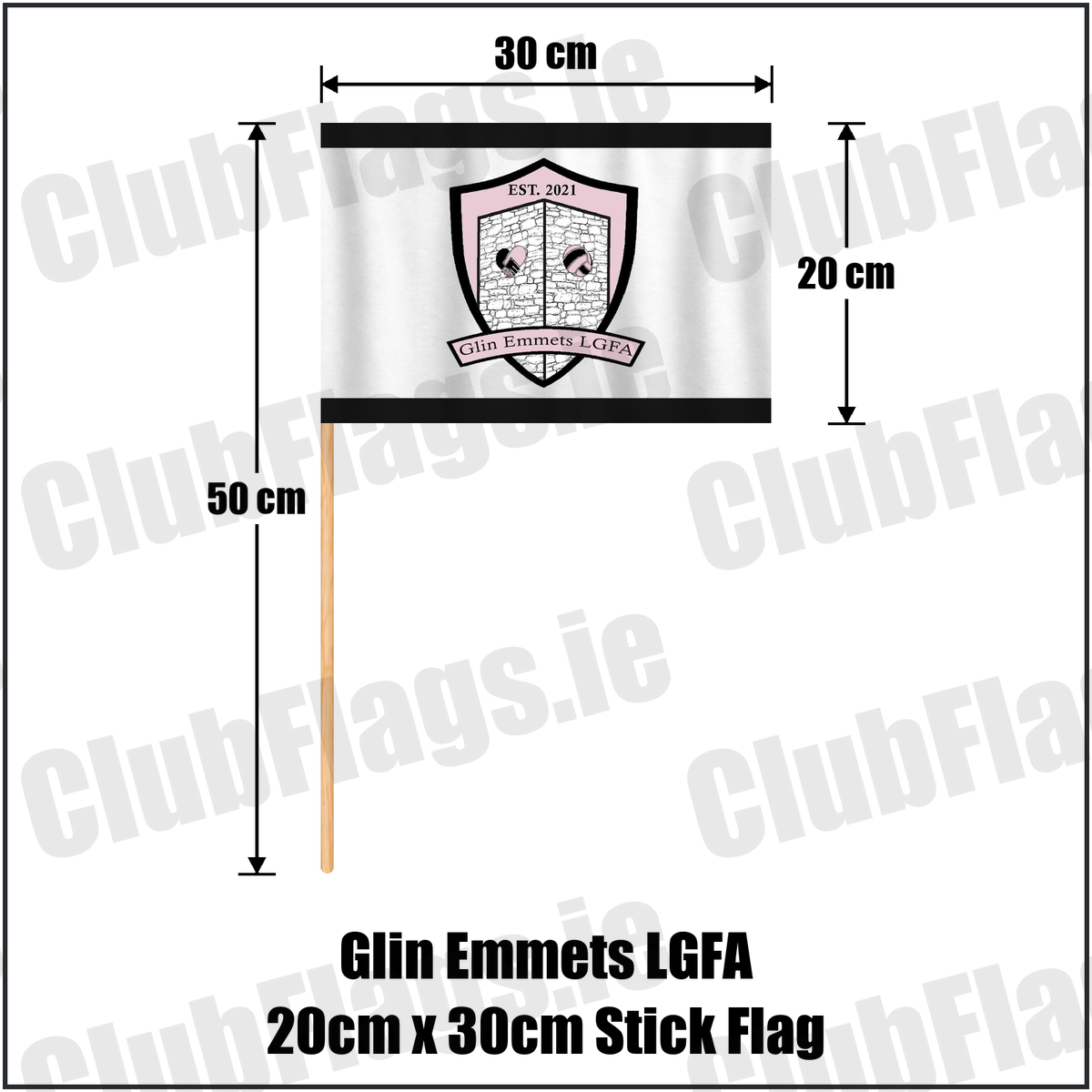 Glin Emmets LGFA 20cm x 30cm Stick Flag, featuring the club crest and black and white colours; County Limerick ladies Gaelic football. ClubFlags.ie.