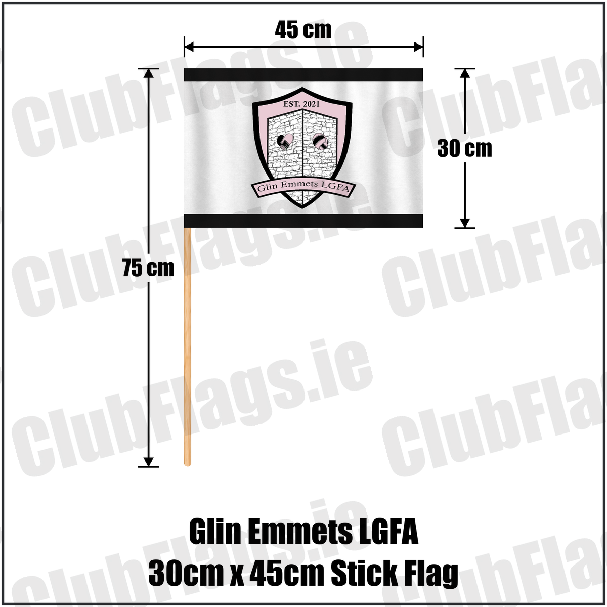 Glin Emmets LGFA 30cm x 45cm Stick Flag, featuring the club crest and black and white colours; County Limerick ladies Gaelic football. ClubFlags.ie.