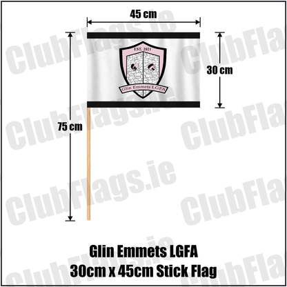 Glin Emmets LGFA 30cm x 45cm Stick Flag, featuring the club crest and black and white colours; County Limerick ladies Gaelic football. ClubFlags.ie.