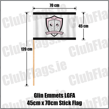 Glin Emmets LGFA 45cm x 70cm Stick Flag, featuring the club crest and black and white colours; County Limerick ladies Gaelic football. ClubFlags.ie.