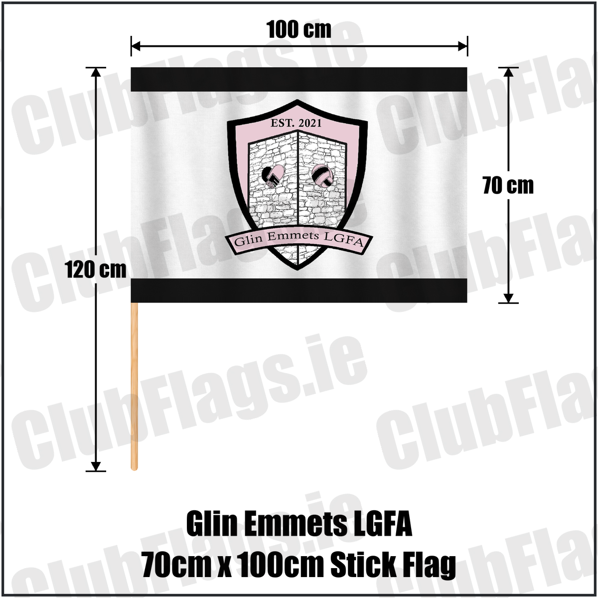 Glin Emmets LGFA 70cm x 100cm Stick Flag, featuring the club crest and black and white colours; County Limerick ladies Gaelic football. ClubFlags.ie.