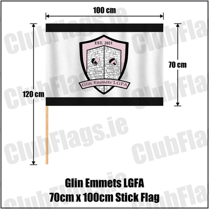 Glin Emmets LGFA 70cm x 100cm Stick Flag, featuring the club crest and black and white colours; County Limerick ladies Gaelic football. ClubFlags.ie.