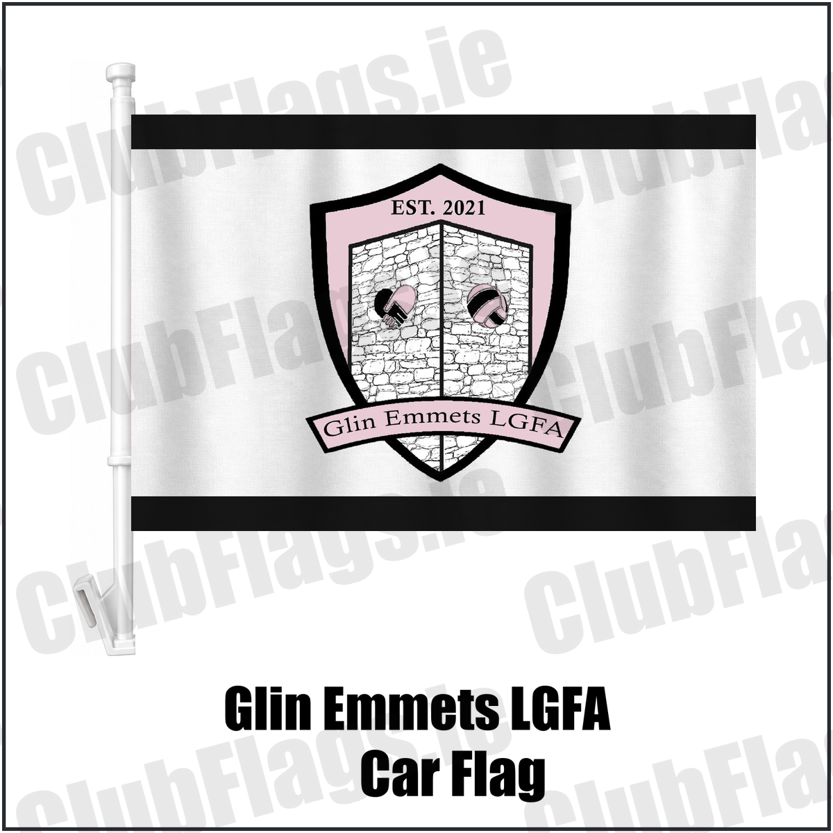 Glin Emmets LGFA Car Flag, featuring the club crest and black and white colours; County Limerick ladies Gaelic football. ClubFlags.ie.
