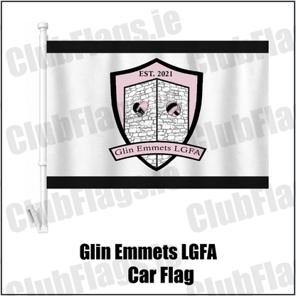 Glin Emmets LGFA Car Flag, featuring the club crest and black and white colours; County Limerick ladies Gaelic football. ClubFlags.ie.