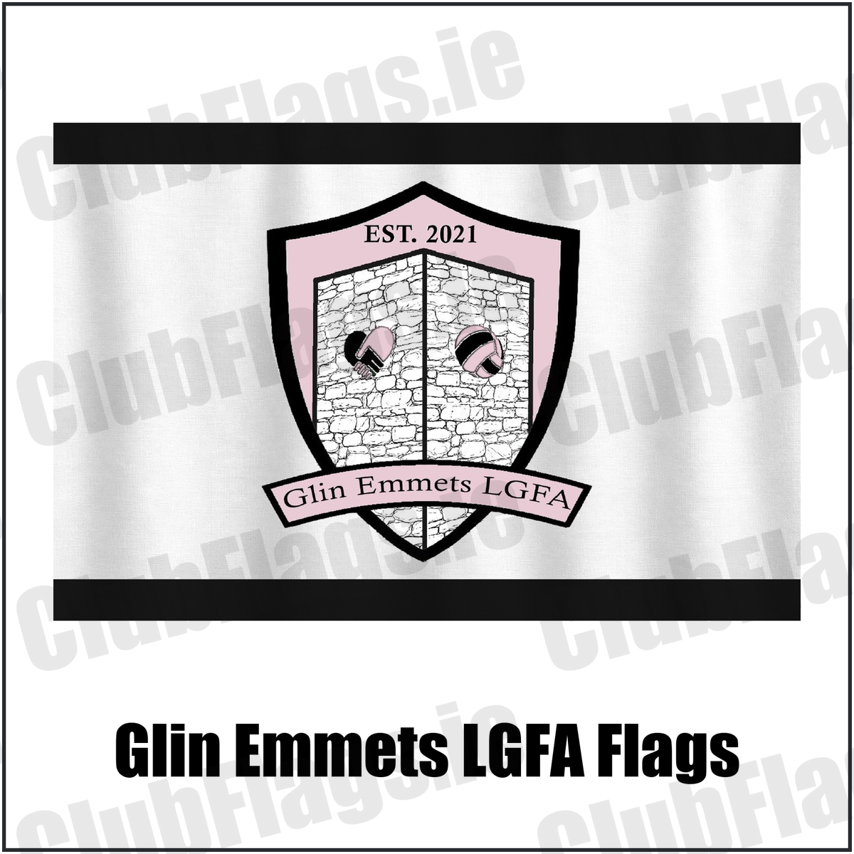 Glin Emmets LGFA Flags, featuring the club crest and black and white colours; County Limerick ladies Gaelic football. ClubFlags.ie.