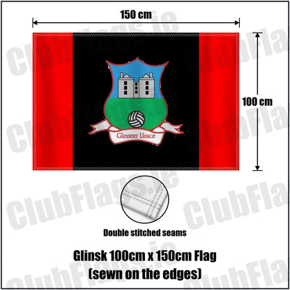 Glinsk 100cm x 150cm Flag (sewn on the edges) in red and black, featuring the club crest on realistic fabric with gentle vertical folds; County Galway GAA. ClubFlags.ie.