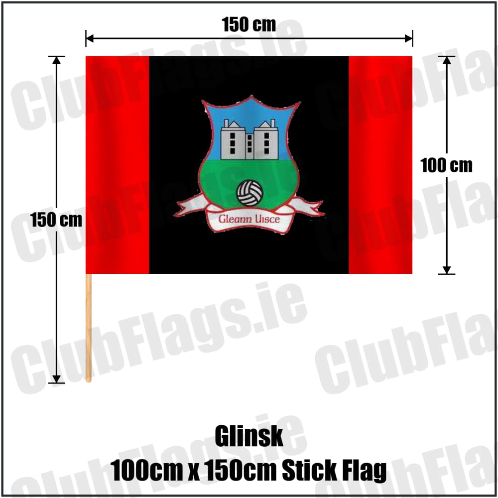 Glinsk 100cm x 150cm Stick Flag in red and black, featuring the club crest on realistic fabric with gentle vertical folds; County Galway GAA. ClubFlags.ie.