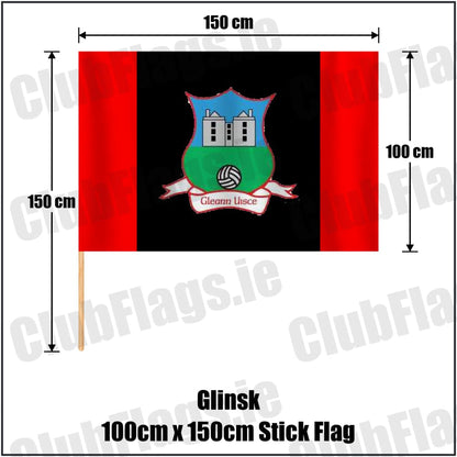 Glinsk 100cm x 150cm Stick Flag in red and black, featuring the club crest on realistic fabric with gentle vertical folds; County Galway GAA. ClubFlags.ie.