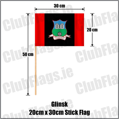 Glinsk 20cm x 30cm Stick Flag in red and black, featuring the club crest on realistic fabric with gentle vertical folds; County Galway GAA. ClubFlags.ie.