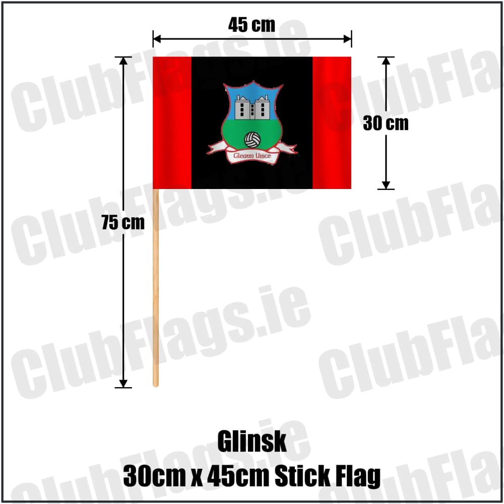 Glinsk 30cm x 45cm Stick Flag in red and black, featuring the club crest on realistic fabric with gentle vertical folds; County Galway GAA. ClubFlags.ie.