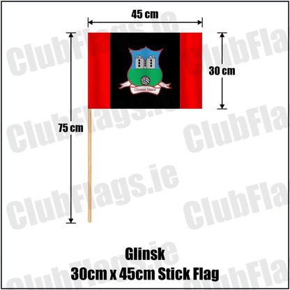Glinsk 30cm x 45cm Stick Flag in red and black, featuring the club crest on realistic fabric with gentle vertical folds; County Galway GAA. ClubFlags.ie.