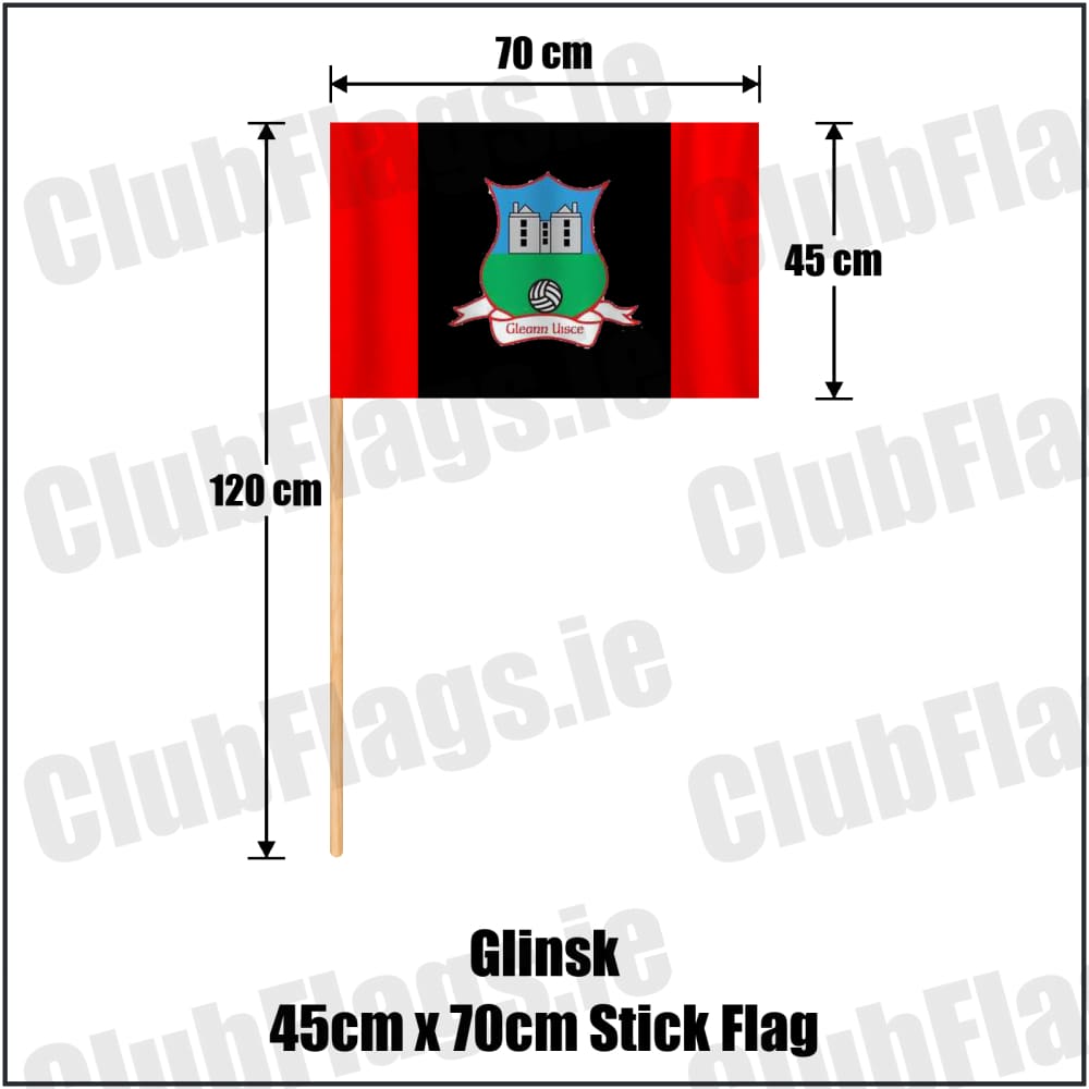 Glinsk 45cm x 70cm Stick Flag in red and black, featuring the club crest on realistic fabric with gentle vertical folds; County Galway GAA. ClubFlags.ie.