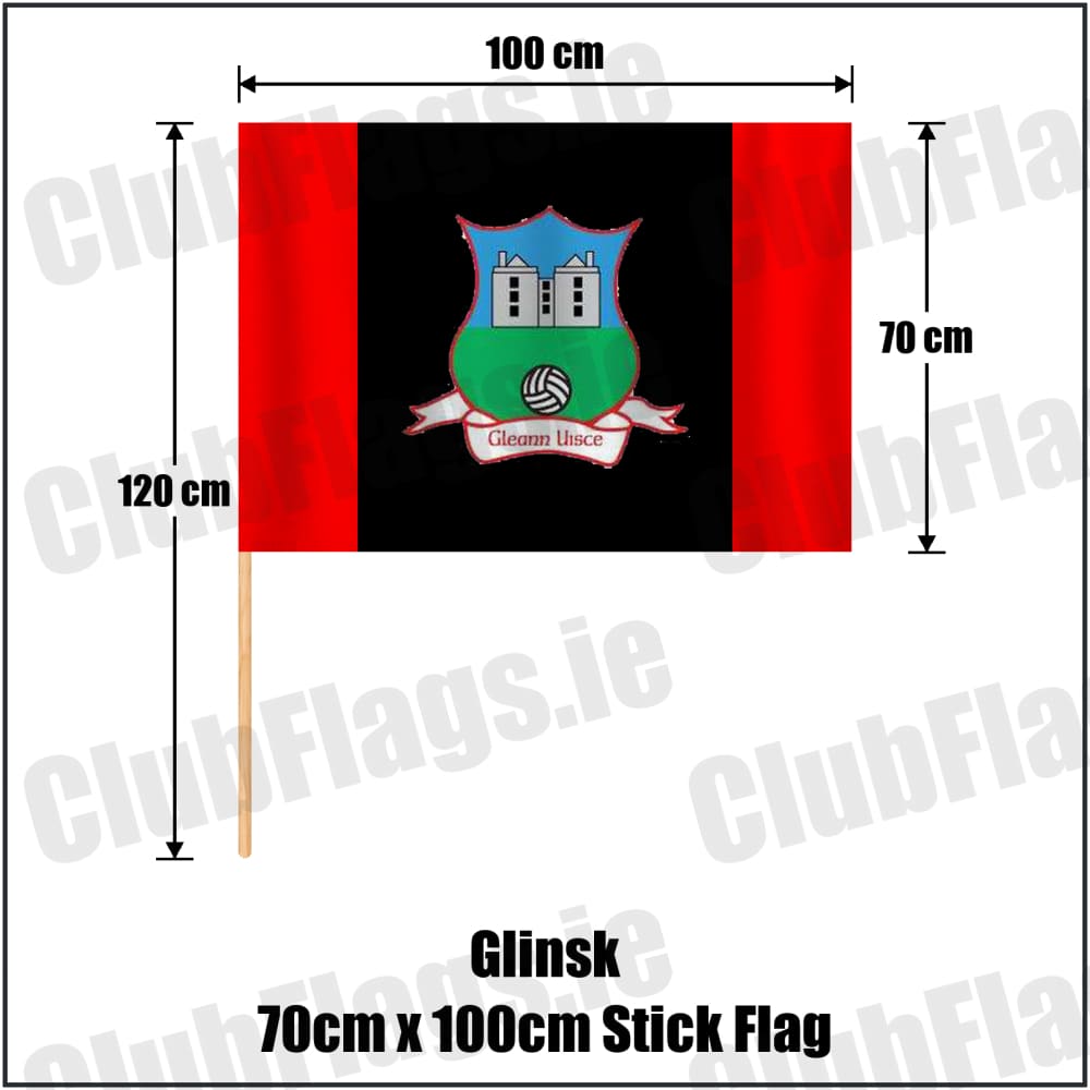Glinsk 70cm x 100cm Stick Flag in red and black, featuring the club crest on realistic fabric with gentle vertical folds; County Galway GAA. ClubFlags.ie.