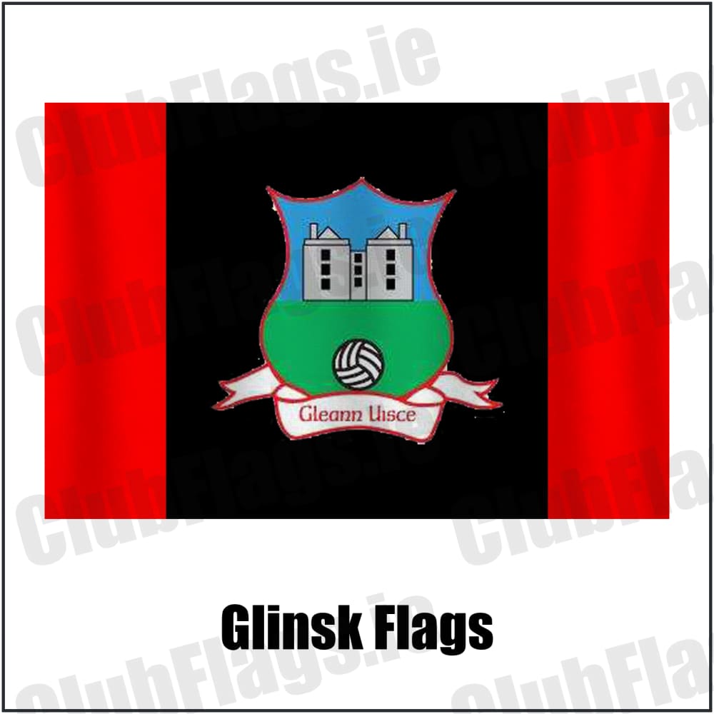 Glinsk Flags in red and black, featuring the club crest on realistic fabric with gentle vertical folds; County Galway GAA. ClubFlags.ie.