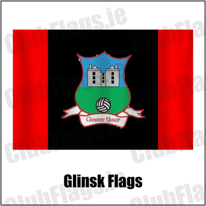 Glinsk Flags in red and black, featuring the club crest on realistic fabric with gentle vertical folds; County Galway GAA. ClubFlags.ie.