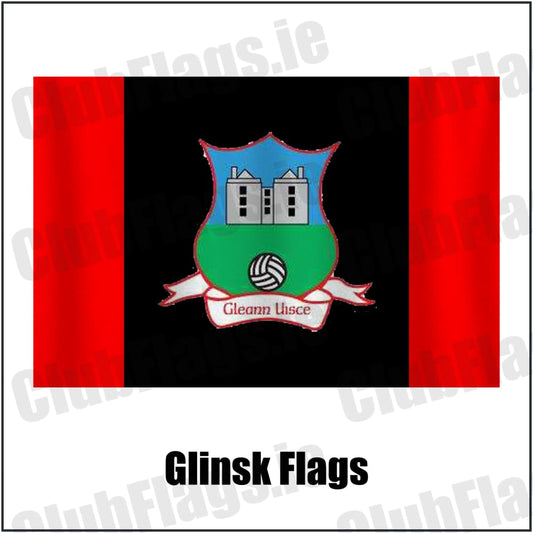 Glinsk Flags in red and black, featuring the club crest on realistic fabric with gentle vertical folds; County Galway GAA. ClubFlags.ie.