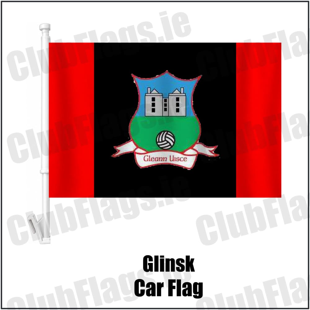 Glinsk Car Flag in red and black, featuring the club crest on realistic fabric with gentle vertical folds; County Galway GAA. ClubFlags.ie.