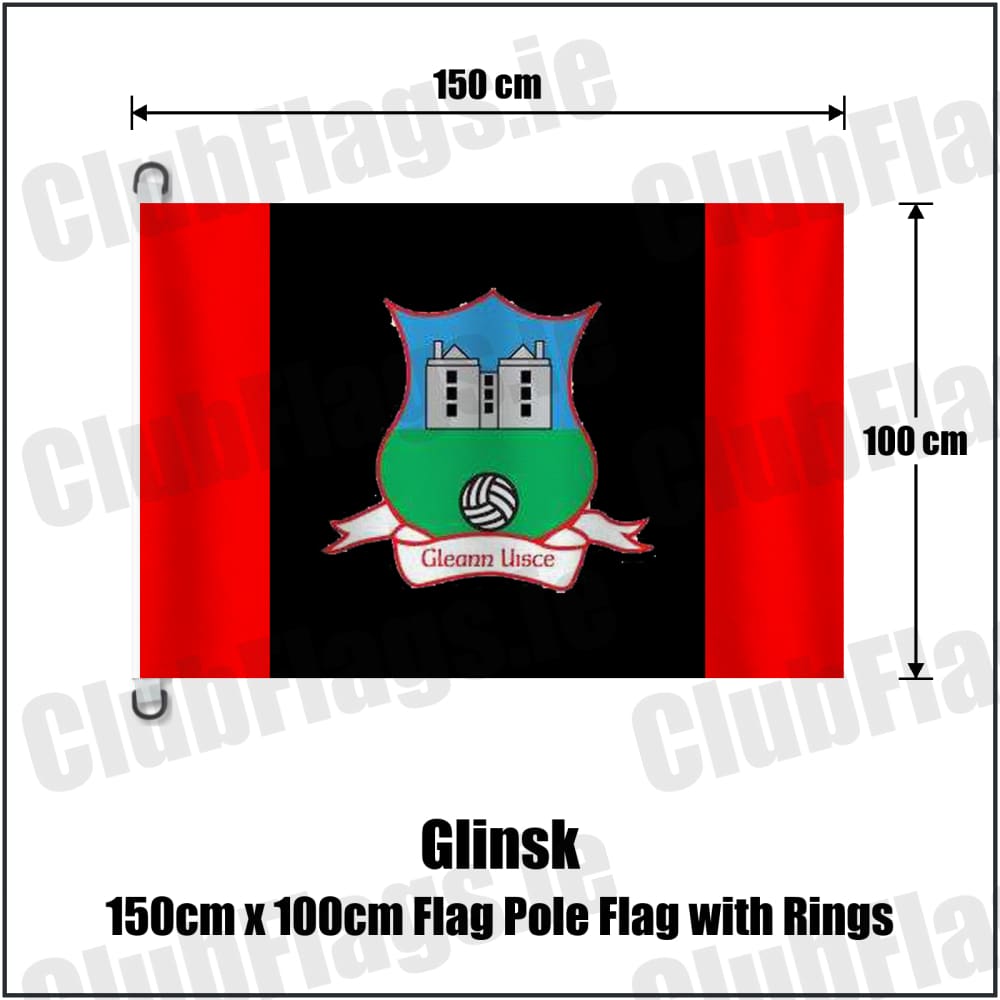 Glinsk 150cm x 100cm Flag Pole Flag with Rings in red and black, featuring the club crest on realistic fabric with gentle vertical folds; County Galway GAA. ClubFlags.ie.