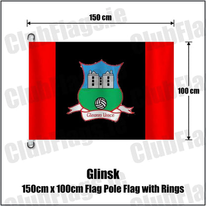 Glinsk 150cm x 100cm Flag Pole Flag with Rings in red and black, featuring the club crest on realistic fabric with gentle vertical folds; County Galway GAA. ClubFlags.ie.