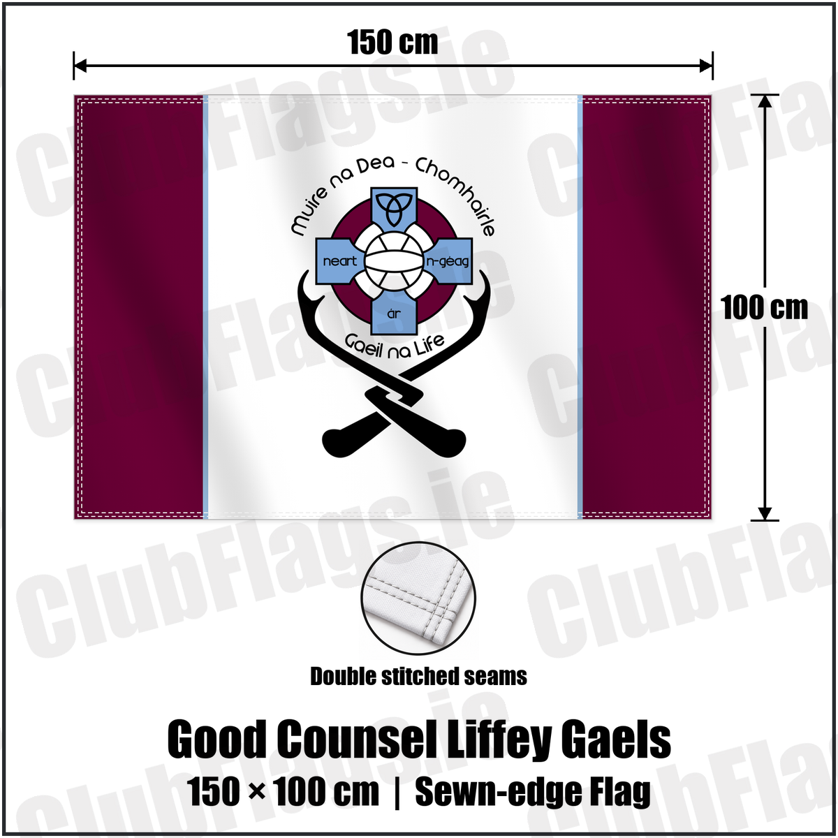 Good Counsel Liffey Gaels 100cm x 150cm Flag (sewn on the edges) with the club crest and colours, Dublin GAA - ClubFlags.ie