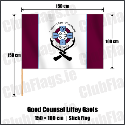 Good Counsel Liffey Gaels 100cm x 150cm Stick Flag with the club crest and colours, Dublin GAA - ClubFlags.ie